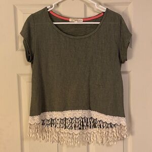 Splendid Dark Green Crop Top with White Lace Fringe